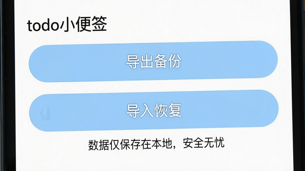 一张展示手机设置界面的图片,界面中显示“todo小便签”的数据管理选项,包括“导出备份”和“导入恢复”两个按钮,按钮下方有文字说明“数据仅保存在本地,安全无忧”,界面背景为白色,按钮为淡蓝色圆角矩形,整体布局简洁,画质清晰,风格干净无多余元素