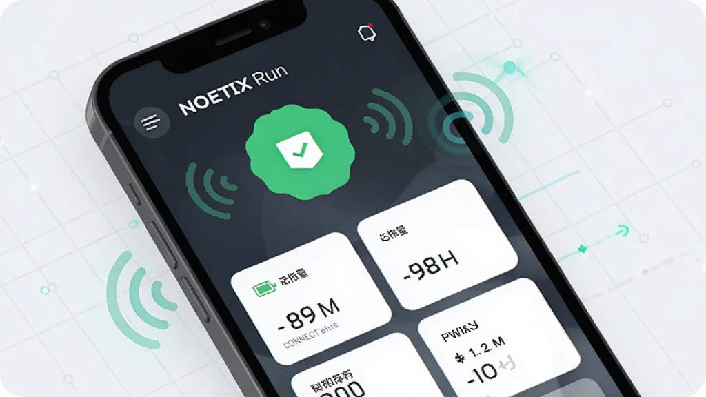 һ������ NOETIX Run �豸������״̬��ع��ܵ�ʾ��ͼ����������Ϊ�ֻ���Ļ��д����Ļ����ʾ�豸���ӳɹ�����ɫ��ʶ�����������ģʽ�����ݿ�Ƭ������Ϊǳɫ�Ƽ����񣬷��Ϊ��ˬ�ı�ƽ��UIչʾͼ��ϸ�ڰ����źŲ���������ˢ�¶���ʾ�⣬���ʸɾ����޶���Ԫ��