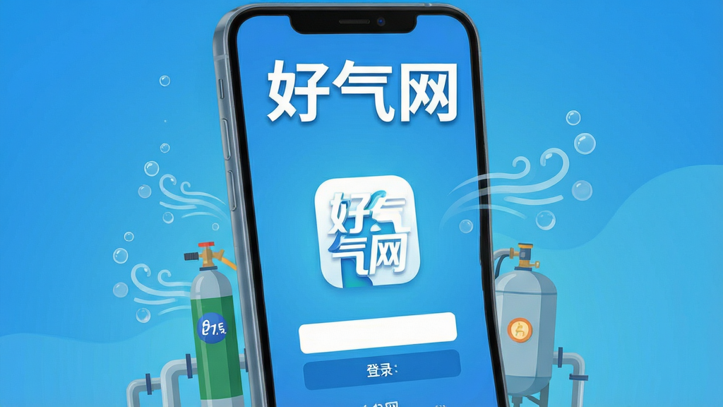 主体为一部竖屏智能手机,屏幕中央展示好气网应用图标与登录界面,图标周围环绕氧气瓶、储罐、管道等工业气体元素;布局采用居中构图,手机略微倾斜呈现立体感;排版上应用名称“好气网”以醒目标题字体置于画面上方;风格为清爽科技蓝渐变背景,扁平化插画质感;细节上加入细小的气泡与气流线条点缀,突出气体行业属性;画质高清锐利,画面干净整洁,无多余装饰元素