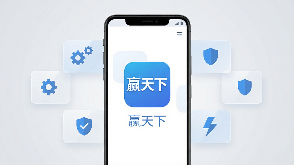 画面主体为一部竖屏安卓手机,手机屏幕中央展示“赢天下”应用图标与简洁首页界面,图标下方有“赢天下”三个字;手机两侧分布若干半透明功能卡片与齿轮、盾牌、闪电等抽象小图标,象征工具集合与安全稳定;整体采用清爽蓝白配色,扁平化设计风格,背景为浅灰渐变,布局居中对称,细节干净利落,画质清晰,无多余元素