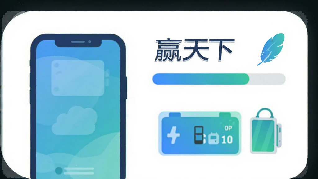 画面主体为一个简洁的应用安装进度条与手机存储空间示意图,进度条上方标注“赢天下”字样,旁边配有小巧的羽毛与闪电图标象征轻量与快速;布局为左右结构,左侧手机轮廓,右侧进度与存储图形;风格为清新扁平插画,蓝绿配色,背景干净,细节简洁,画质清晰,无多余元素