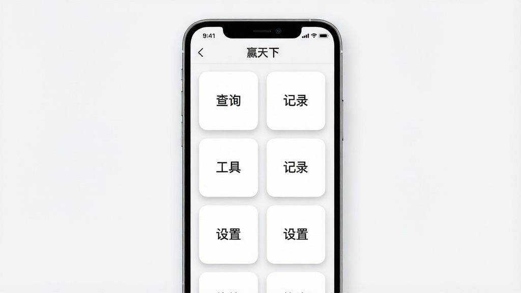 画面主体为一部手机屏幕内展示多个整齐排列的功能模块卡片,卡片上分别写有“查询”“记录”“工具”“设置”等字样,屏幕上方标题栏显示“赢天下”;布局为手机居中、卡片网格排列;风格为现代简约UI展示图,浅色背景,圆角卡片,阴影柔和,细节清晰,画质干净,无多余元素