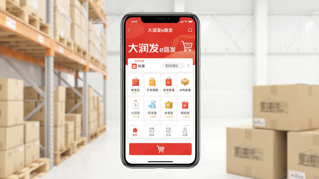 主图构图采用手机屏幕居中展示,屏幕上呈现“大润发e路发”应用首页界面,包含商品分类图标与购物车按钮,背景为浅色仓储货架与纸箱元素虚化处理,整体风格简洁商务,配色以红色与白色为主,画面干净明亮,高清画质,无多余装饰元素