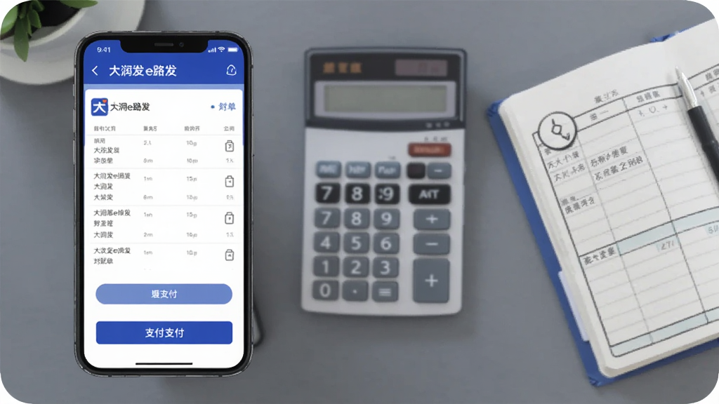 画面主体为手机屏幕显示“大润发e路发”对账单表格与支付按钮,背景为办公桌面与计算器、账本元素,布局居中对称,风格为简约商务插画,配色以蓝灰与白色为主,细节精致,画质清晰,无杂乱装饰