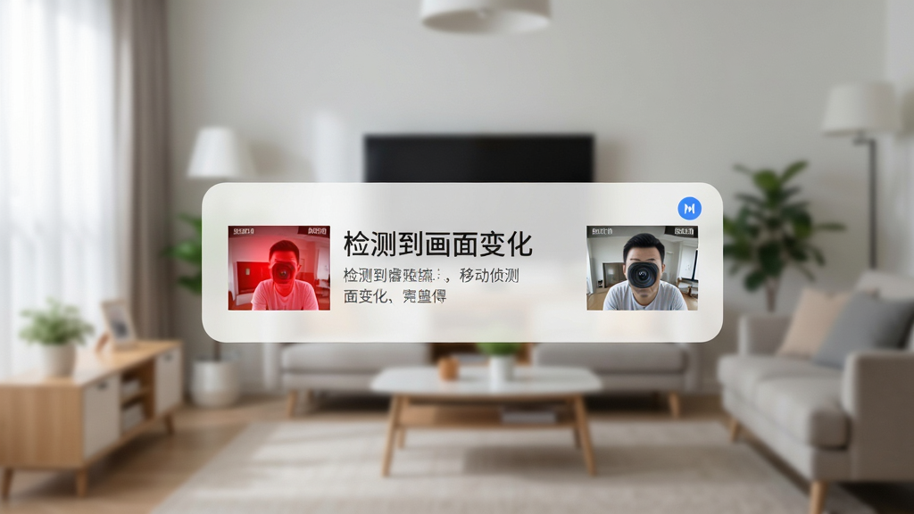 手机屏幕弹出睿博士软件的移动侦测报警通知卡片,卡片上显示“检测到画面变化”字样和摄像头缩略图,背景为居家客厅场景,风格写实简洁,布局突出通知卡片,细节清晰,画质高清,干净,无多余元素