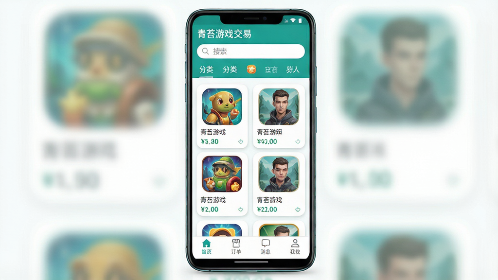 一张手机应用界面展示图,画面中央是一部竖屏安卓手机,屏幕内呈现“青苔游戏交易”应用首页,顶部为搜索栏与分类标签,中部为游戏卡片网格布局,卡片上带有游戏图标与价格信息,底部为导航栏包含首页、订单、消息、我的四个图标,整体布局清晰规整,风格为现代扁平化UI设计,配色以青绿色与白色为主,细节包括圆角卡片、柔和阴影与简洁图标,画质清晰,画面干净,无多余元素