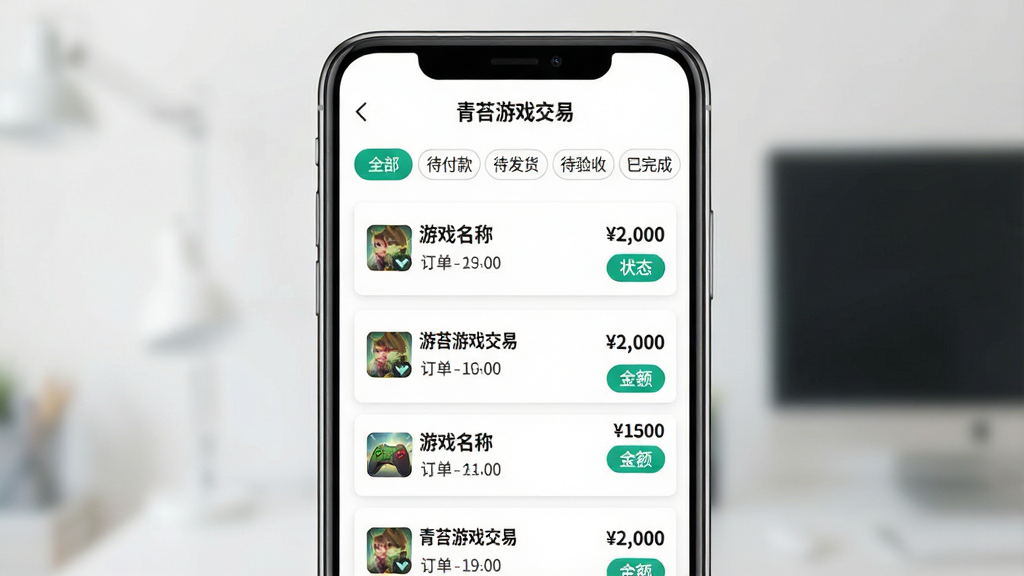 一张订单管理界面展示图,画面为手机屏幕内“青苔游戏交易”的订单列表页面,顶部为状态筛选标签栏包含全部、待付款、待发货、待验收、已完成,下方为订单卡片列表,每张卡片显示游戏名称、订单编号、金额与当前状态标签,布局为纵向列表结构,风格为简约商务风,配色以白色背景与青绿色状态标签为主,细节包括卡片分隔线、状态文字加粗、金额右对齐,画质清晰,画面干净,无多余元素