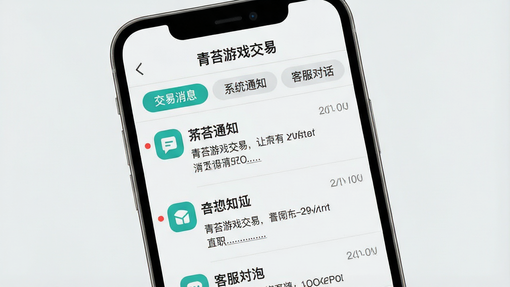 一张消息中心界面展示图,画面为手机屏幕内“青苔游戏交易”的消息页面,顶部为分类标签包含交易消息、系统通知、客服对话,下方为消息列表,每条消息带有图标、标题、摘要与时间戳,布局为纵向列表结构,风格为清新浅色系,配色以浅灰背景与青绿色图标点缀为主,细节包括未读红点标记、消息摘要单行省略、时间右对齐,画质清晰,画面干净,无多余元素