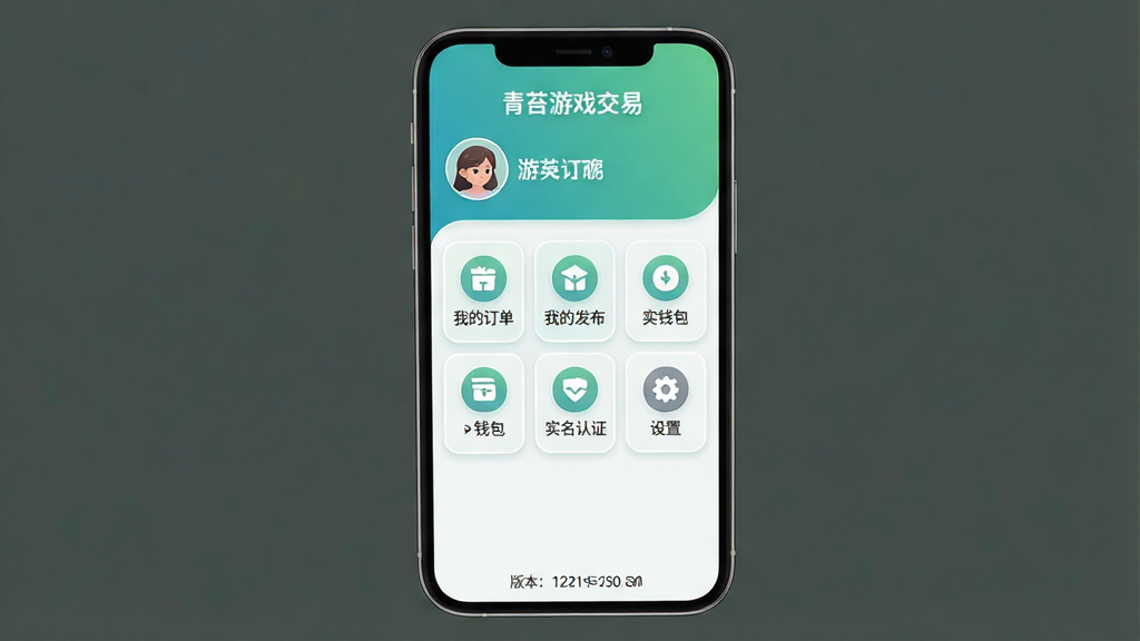 一张个人中心界面展示图,画面为手机屏幕内“青苔游戏交易”的个人中心页面,顶部为头像与昵称区域,中部为功能图标网格包含我的订单、我的发布、钱包、实名认证、设置等入口,底部为版本信息,布局为上下结构,风格为柔和圆角卡片风,配色以青绿色渐变头部与白色卡片为主,细节包括圆形头像、图标圆角底板、卡片间距统一,画质清晰,画面干净,无多余元素