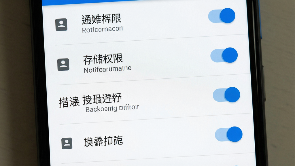 一张手机安全设置界面展示图,画面为安卓手机设置页面特写,屏幕内显示应用权限管理界面,列表中包含通知权限、存储权限、后台运行等开关项,其中通知权限开关处于开启状态,布局为纵向列表结构,风格为系统原生设置界面风格,配色以白色背景与蓝色开关为主,细节包括权限图标、开关状态清晰、列表分隔线,画质清晰,画面干净,无多余元素