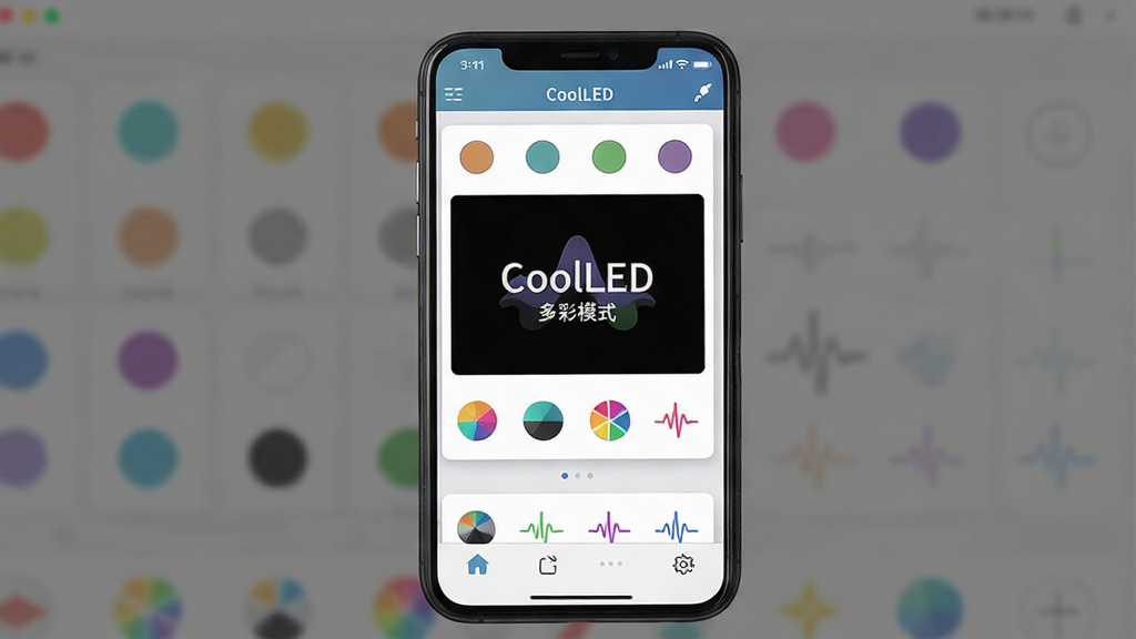 这是一张展示CoolLED软件主界面的截图,主体为手机屏幕居中显示软件主菜单,布局分为顶部状态栏、中间灯光效果预览区域、底部功能导航栏。排版采用卡片式设计,风格现代简约,细节包含多种颜色圆形色块和波形图标,画质高清,干净无多余元素,屏幕中显示文字“CoolLED”和“多彩模式”。
