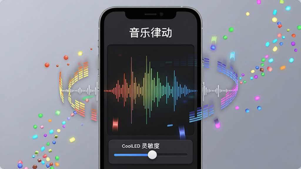 一张展示CoolLED音乐律动功能的界面,主体为手机屏幕中央有一个音频波形动画,周围环绕彩色灯光粒子,布局波形居中,顶部有“音乐律动”标题,底部为灵敏度滑块。风格为动态拟物,细节有频率条跳动,画质高清,干净。