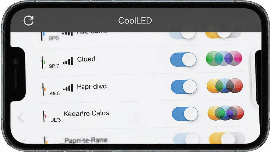 一张展示CoolLED设备连接成功后的界面,主体为手机屏幕显示已连接设备列表,每个设备右侧有开关按钮和颜色选择器,布局为列表形式,顶部有刷新按钮,风格简洁,细节包含设备名称和信号强度图标,画质高清,干净。