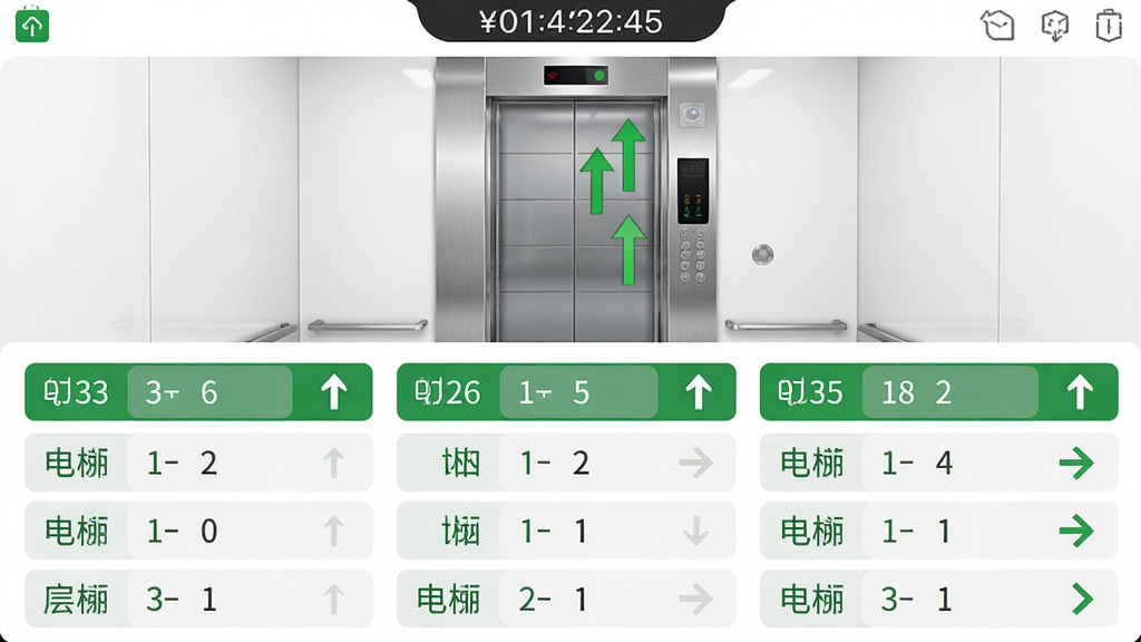 主体:小安智能电梯助手的实时状态界面,布局:界面分为上下两部分,上部分为电梯运行模拟动画(楼层上下移动),下部分为列表显示各电梯当前楼层与方向箭头,排版:紧凑清晰,背景纯白,风格:信息型UI,色彩使用绿色表示运行正常,细节:每个电梯项显示编号、楼层、方向箭头,顶部有实时时间,画质:高清,干净无多余元素