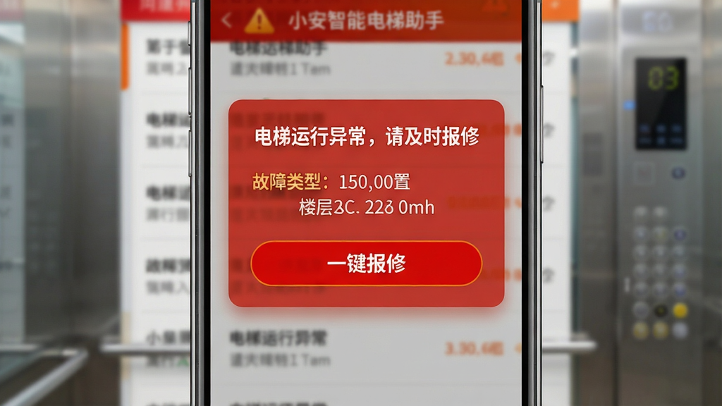 主体:小安智能电梯助手故障预警通知界面,布局:手机屏幕中央弹出红色预警卡片,卡片内有故障类型和楼层位置,下方有“一键报修”按钮,排版:卡片式弹窗居中,背景为模糊的电梯列表,风格:警示风格,色彩以红橙为主,细节:卡片上显示“电梯运行异常,请及时报修”,按钮为红色,画质:清晰警告色,干净无多余元素