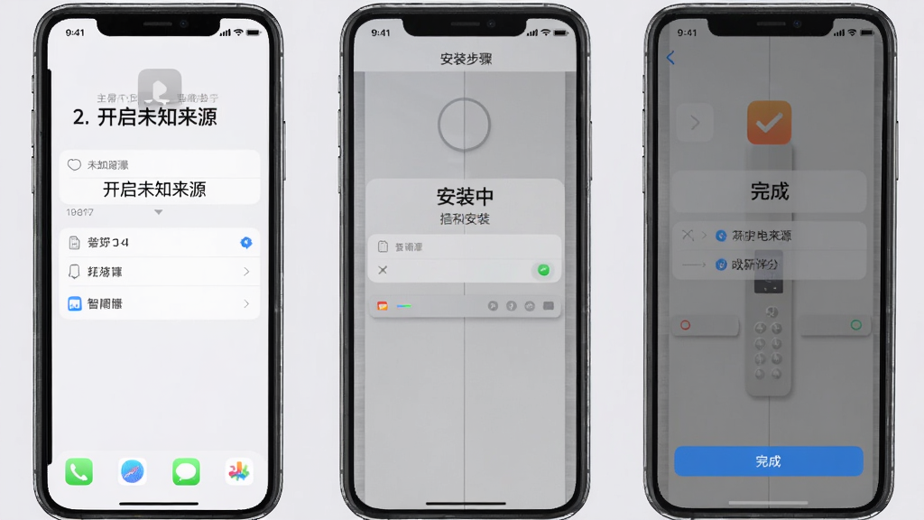 主体:小安智能电梯助手安装步骤图解,布局:手机屏幕依次显示“开启未知来源”、“安装中”、“完成”三个界面,排版:从左到右水平排列,背景为浅灰色,风格:iOS风格截图,色彩柔和,细节:每个界面有文字标注步骤序号,画质:清晰,无多余元素