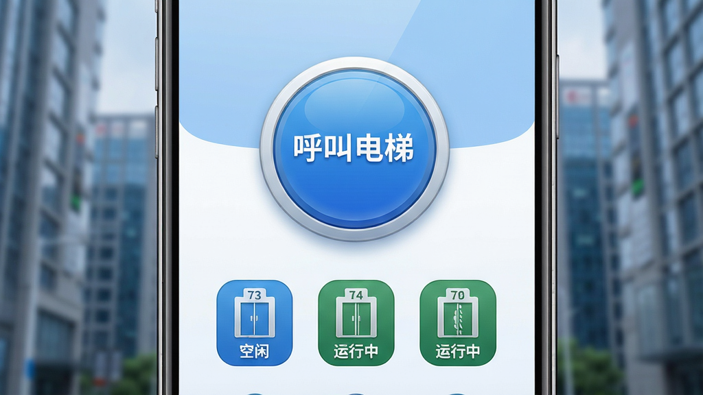 主体:小安智能电梯助手的呼叫界面特写,布局:手机屏幕放大特写,中央有圆形“呼叫电梯”按钮,下方显示附近三台电梯状态(空闲/运行中),排版:居中聚焦,背景虚化楼宇,风格:拟物化按钮,色彩蓝白搭配,细节:按钮上标注“一键召梯”,电梯图标上有楼层数字,画质:高分辨率,干净无多余元素