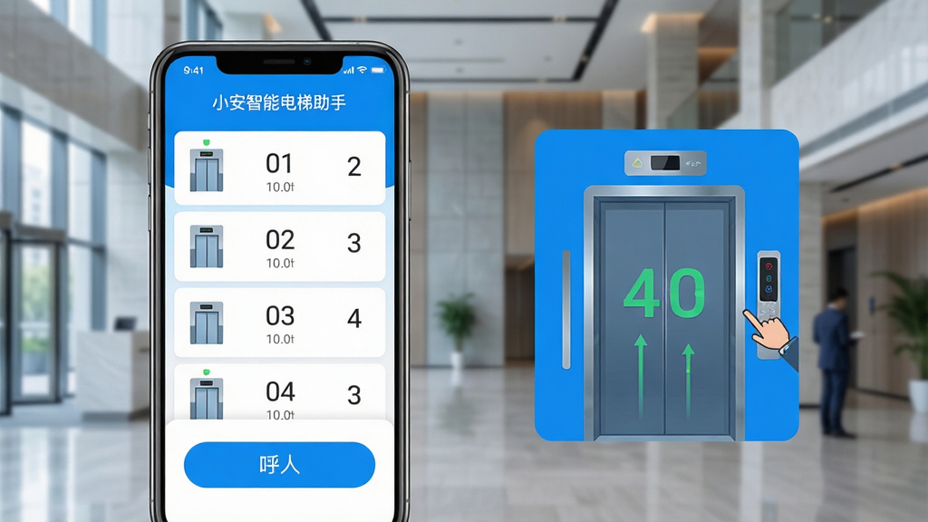 主体:小安智能电梯助手APP界面截图,展示手机呼叫电梯功能,布局:左侧手机屏幕内显示电梯列表与呼叫按钮,右侧有电梯运行状态动画,排版:居中展示,背景为现代写字楼大厅,风格:扁平化UI设计,色彩明亮以蓝色为主,细节:屏幕上方显示“小安智能电梯助手”字样,楼层数字清晰,画质:4K超清,干净无多余元素