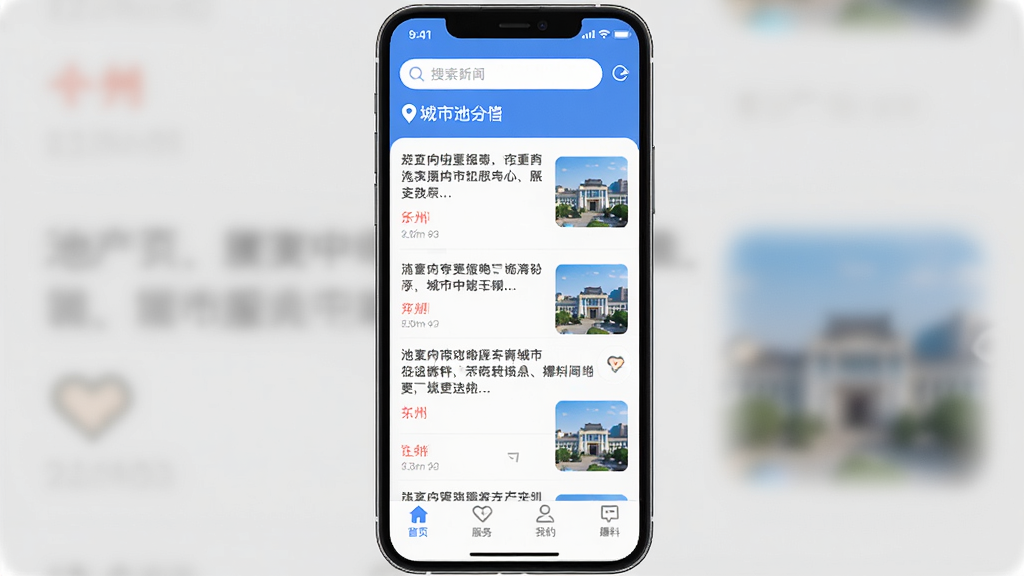 我的池州APP主界面截图,手机屏幕居中展示首页新闻列表,顶部有搜索栏和城市定位,底部导航栏包含首页、服务、我的、爆料等图标,蓝白配色,界面简洁清新,高清画质,干净无多余元素
