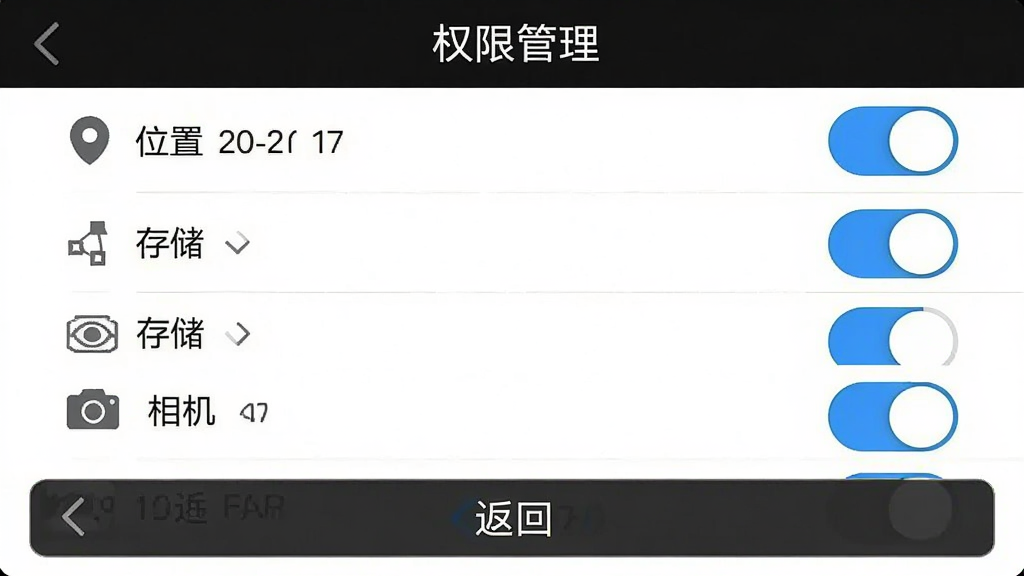 我的池州APP使用指南截图,展示设置界面中的权限管理页面,有位置、存储、相机等开关,顶部有文字“权限管理”,底部有“返回”按钮,整体白色背景,清晰显示开关状态,高清画质,干净无多余元素