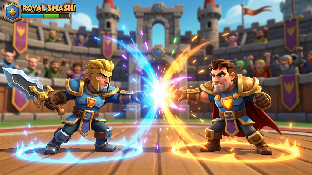 ���壺Royal Smash!��Ϸ�������ս����������Ӣ�۽�ɫ�����ͷż�����ײ�������ǻ����������;�������������������Ч�����֣����й�ͼ����ɫλ�ڻ������룬������Ч�ʷ���״���Ű棺���汥������ɫ���������ܹ�Ч��Ŀ����񣺿�ͨ��Ⱦ��ɫ������������ϸ�ڷḻ��ϸ�ڣ���ɫװ����������ϸ����������Ч���ḻ�����ʣ��������ȣ��ɾ��޶���Ԫ�أ���UI�ڵ���