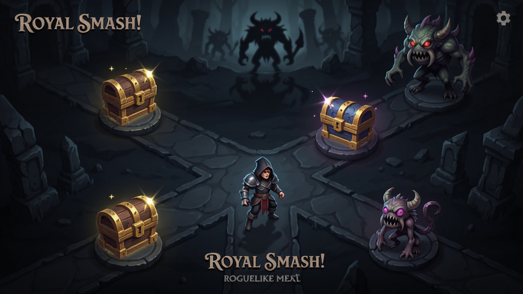���壺Royal Smash!Roguelikeģʽ���棬Ӣ��վ�ڲ�·�ڣ���ǰ����������ͼ�꣬Զ���й������������֣�����·��ͼ���ڵ�ʽǰ����������ɫ�����Ű棺Ӣ�۴��ڻ�������ƫ�£�����͹���ֲ���·���ڵ��ϡ���񣺰�����÷�񣬹�Ӱ�Ա�ǿ�ҡ�ϸ�ڣ����������⣬�������͸��졣���ʣ��������ȣ��ɾ��޶���Ԫ�ء�