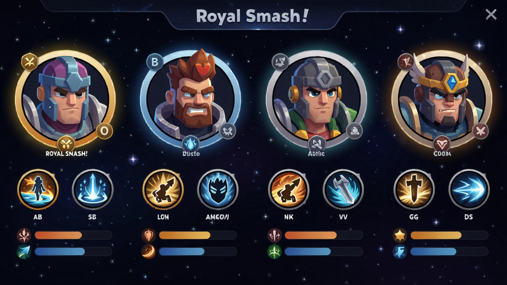 ���壺Royal Smash!Ӣ��ѡ����棬չʾһ�Ų�ͬ��۵�Ӣ��ͷ���·��м���ͼ��������������֣��������У�ÿ��Ӣ��ͷ��Բ�δ����Σ�����Ϊ��ɫ�ǿա��Ű棺��������Ӣ��ͷ���Сһ�£�����ͼ�����������UI��ƽ����ɫ�����ޣ��й���С�ϸ�ڣ�Ӣ��ͷ����Ʒ�ʱ߿򣬼���ͼ���·��м�����ơ����ʣ��������ȣ��ɾ��޶���Ԫ�ء�