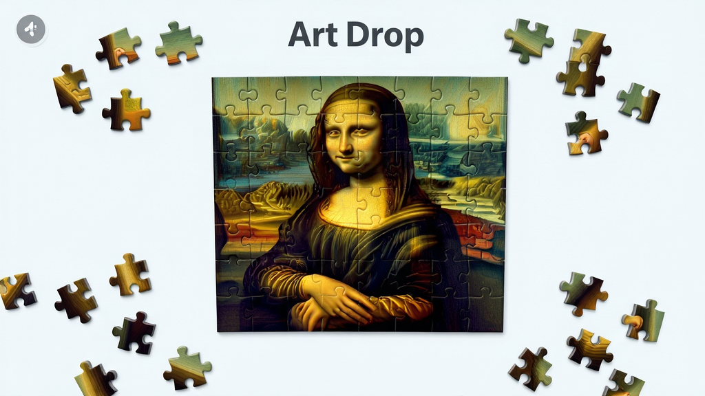 Art Drop游戏主界面预览,展示一幅名画拼图过程,碎片散落四周,中间是半成品,色彩丰富,布局居中,风格清新明亮,细节清晰,画质高清,干净无多余元素