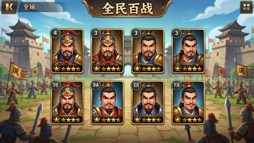 ���壺ȫ���ս��Ϸ�����棬���в���չʾ�����佫�������У����Ϊ��ͨ���磬ϸ�ڰ����佫ͷ�񡢵ȼ����Ǽ���ʶ�������ǹŴ��ǳ�ս�������ʸ���ϸ�壬����ɾ��޶���Ԫ�ء�