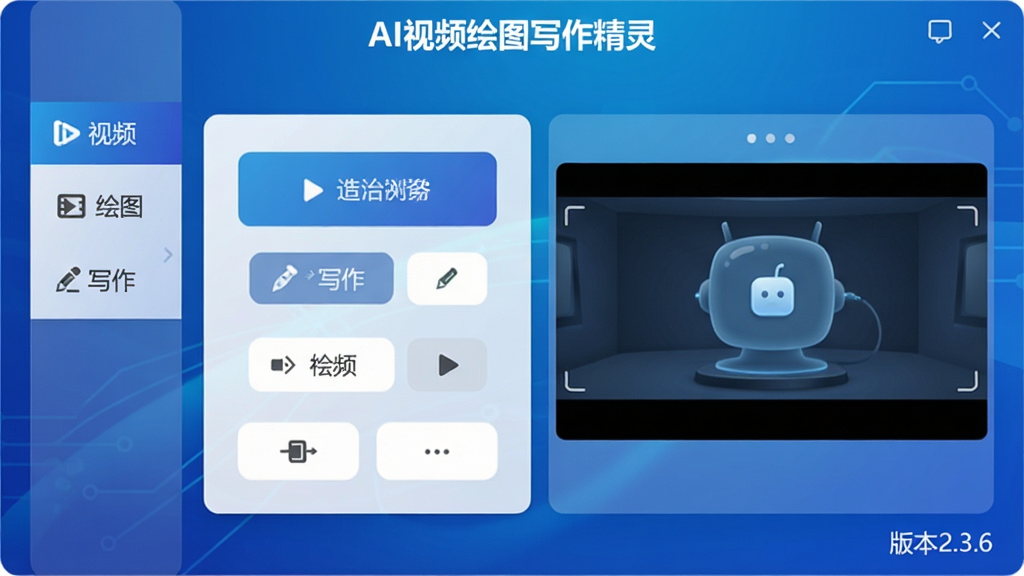 ����ΪAI��Ƶ��ͼд���������������棬������ʾ������壬��๦�ܲ˵�������Ƶ����ͼ��д�����Ҳ�ΪԤ�����򣬽�����ÿƼ������䱳�����������ơ�AI��Ƶ��ͼд�����顱λ�ڶ������汾��2.3.6��ע�����½ǣ����岼������������ִ���Լ�����ʸ��壬�ɾ��޶���Ԫ��