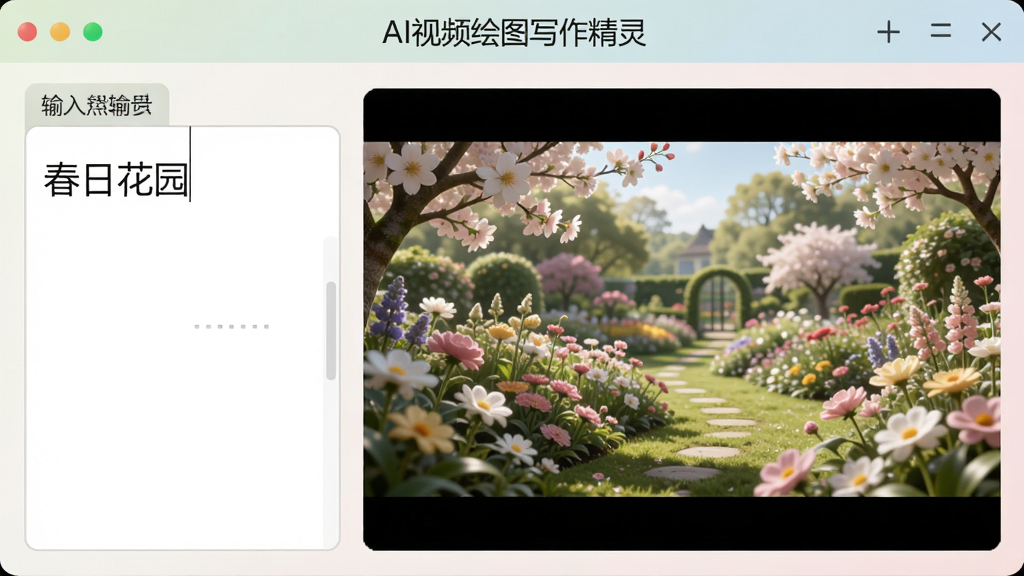 չʾAI��Ƶ��ͼд���������Ƶ���ɹ��ܽ��棬�������������롰���ջ�԰�����֣��Ҳ���ʾ���ɵĶ���ƵԤ�����棬����Ϊ��԰��ɫ�������������ơ�AI��Ƶ��ͼд�����顱�����ɼ����������Լ��ɫ����ͣ������������޶���Ԫ��