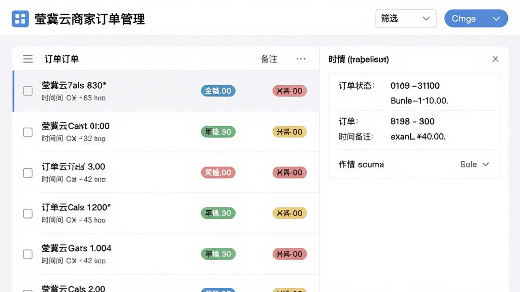 莹冀云商家订单管理界面,左侧显示订单列表,右侧为详情面板,订单状态用不同颜色标签区分,顶部有筛选按钮,布局清晰,风格商务简约,细节包括订单金额、时间和备注,画质干净无多余元素