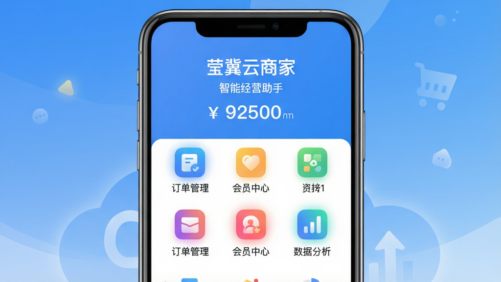 手机屏幕中央展示莹冀云商家App主界面,背景为渐变蓝色,上方显示店铺名称和今日营业额,下方排列“订单管理”“会员中心”“数据分析”等彩色图标,布局左右对称,图标带有微光效,整体风格扁平清爽,画质高清,干净无多余元素,文字内容为“莹冀云商家”和“智能经营助手”