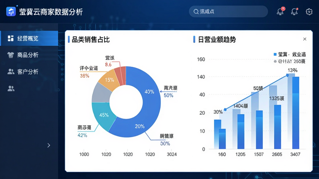 莹冀云商家数据分析界面,中间为饼图和柱状图,分别展示品类销售占比和日营业额趋势,左侧菜单有“经营概览”“商品分析”“客户分析”,整体科技感蓝白配色,布局合理,细节包括数据标签和刻度,画质高清