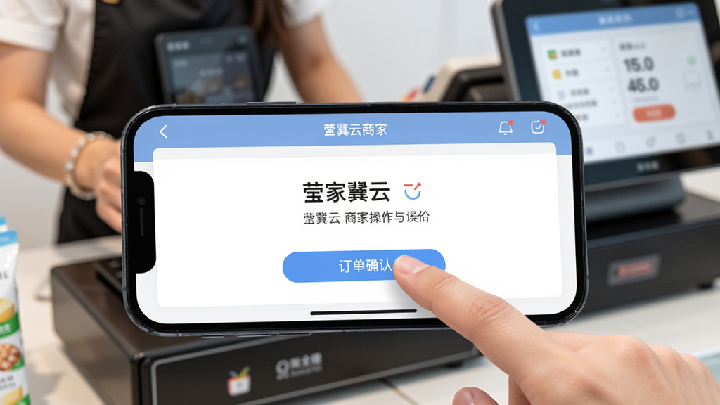 手机横屏显示莹冀云商家操作界面,手指正在点击“订单确认”按钮,背景为店铺收银台场景,光线明亮,构图中心突出交互动作,画质清晰干净