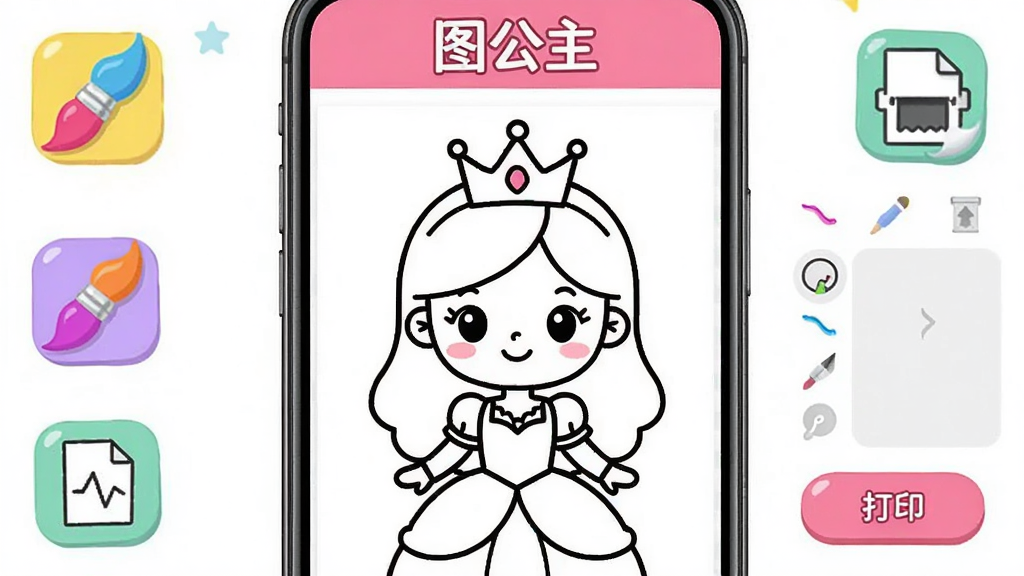 ͼ����Ӧ���������ͼ����������չʾһλ��ͨ�����߸�Ϳɫ��Ʒ����Χ���Ʋ�ɫ�������ӡֽ��ͼ�꣬������ʾ��ͼ���������ֱ�ʶ�����岼��Ϊ�ֻ���Ļ����չʾ��������¿ɰ���ϸ�ڰ���Ϳɫ����������ӡ��ť�������������ɾ����޶���Ԫ��